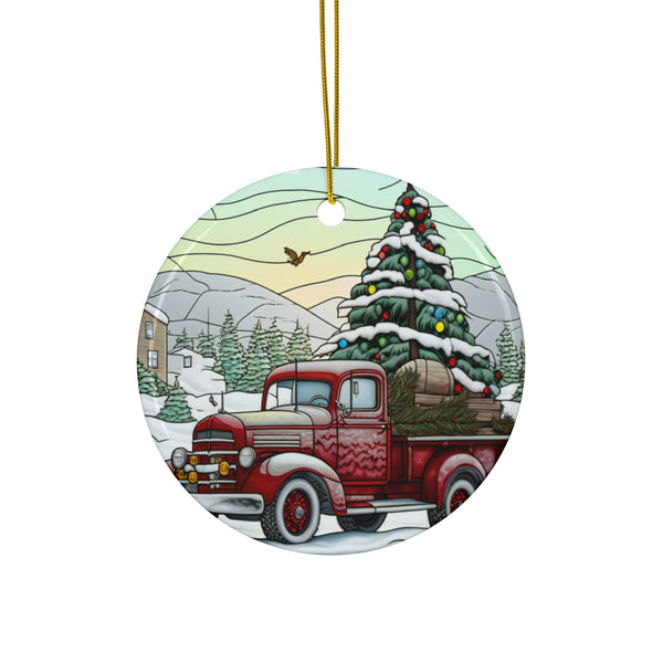 🎄 Classic Red Truck Christmas Ornament – Circle Shape 🎅