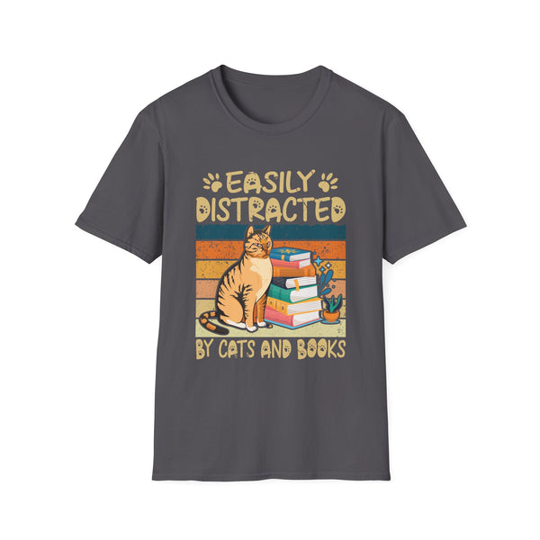 Easily Distracted by Cats and Books - Funny Cat & Book Lover Unisex Softstyle T-Shirt