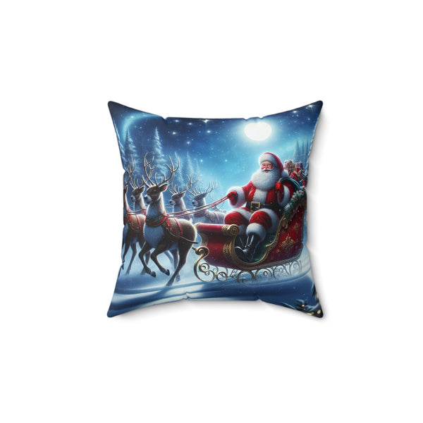 Santa Flying Spun Polyester Square Pillow, Festive Double-Sided Cushion, Cozy Holiday Decor, Zippered Christmas Pillow