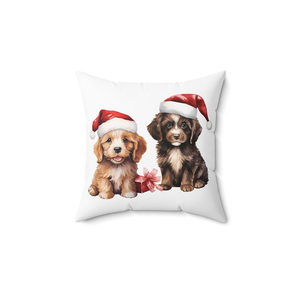 Christmas Two Puppy Spun Polyester Square Pillow, Festive Double-Sided Cushion, Cozy Holiday Decor, Zippered Dog Pillow