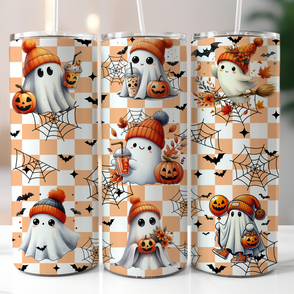 🎃 Cute Spooky Ghosts 20oz Halloween Skinny Tumbler with Checkered Design 🕸️👻