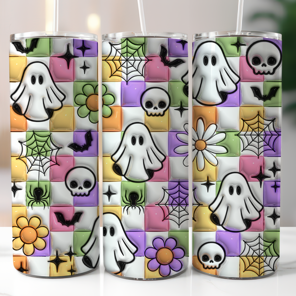 🎃 Halloween Patchwork 20oz Skinny Tumbler – Ghosts, Skulls, & Spiders 🕸️